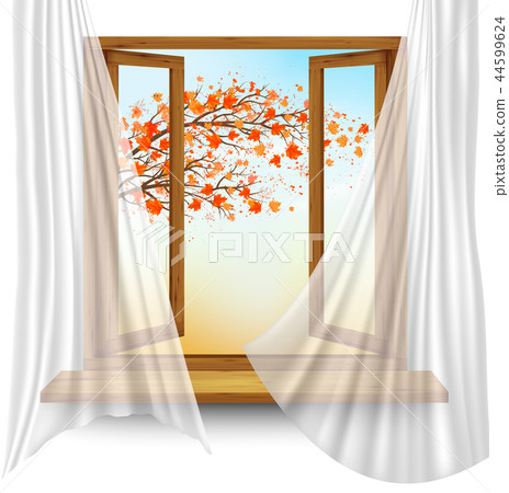 Autumn background with open window and leaves. - Stock Illustration ...