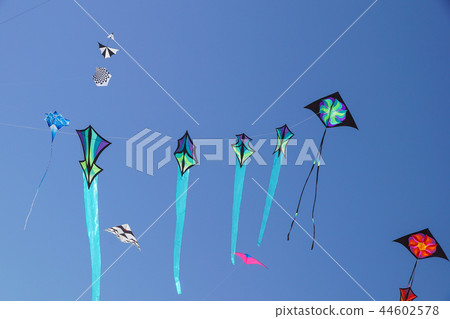 big colorful kite flies high in the sky . Beautiful kites in a kite festival 44602578