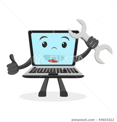 Laptop smiling holding wrench and showing like on Laptop smiling holding wrench and showing like on 44603822