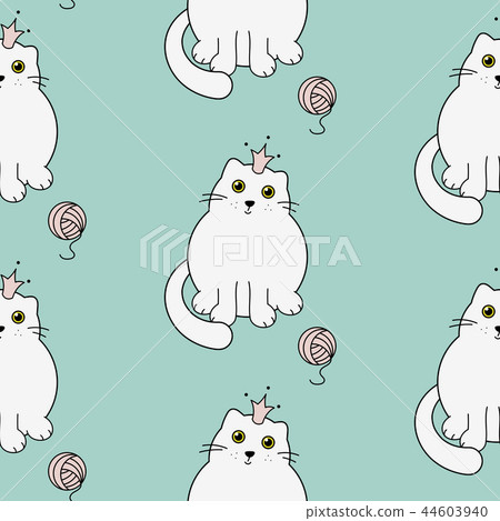 Cute kitty princess seamless vector pattern. White cats on green mint background. Cute kitty princess seamless vector pattern. White cats on green mint background. 44603940