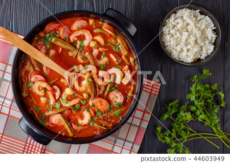hot gumbo with prawns, sausage, okra hot gumbo with prawns, sausage, okra 44603949