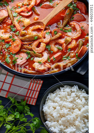 gumbo with prawns, okra and sausage gumbo with prawns, okra and sausage 44603951