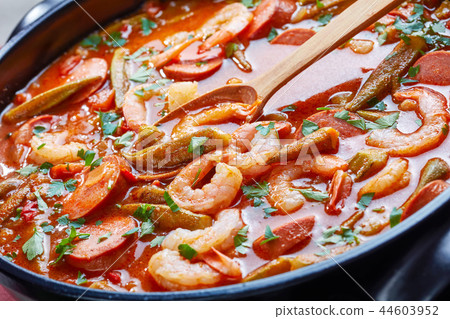 gumbo with prawns, okra and sausage gumbo with prawns, okra and sausage 44603952
