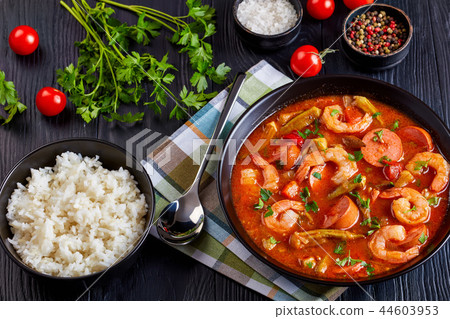 gumbo with prawns, okra and sausage gumbo with prawns, okra and sausage 44603953