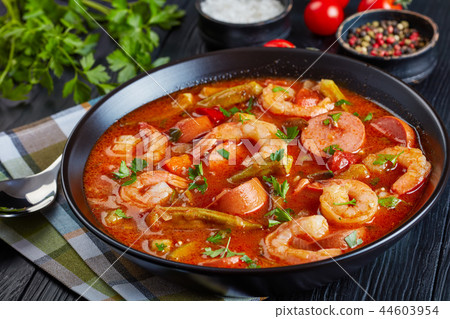 gumbo with prawns, okra and sausage gumbo with prawns, okra and sausage 44603954