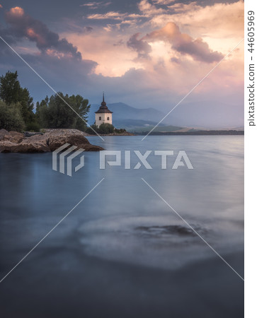 Church by the Lake at Sunset 44605969