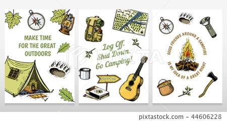 Set of camping cards. poster or print template. outdoor adventure and hiking. Traveling, tourism Set of camping cards. poster or print template. outdoor adventure and hiking. Traveling, tourism 44606228