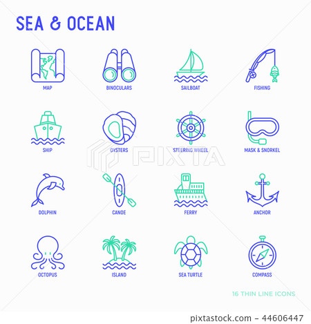 Sea and ocean journey thin line icons set Sea and ocean journey thin line icons set 44606447