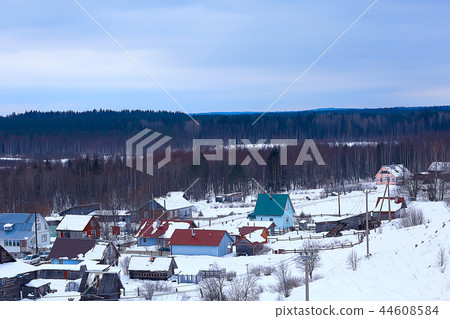 wooden houses in the Russian countryside / wooden architecture, Russian provincial landscape, winter view village in Russia 44608584