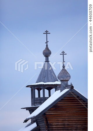 landscape in russian kizhi church winter view / winter season snowfall in landscape with church architecture 44608709