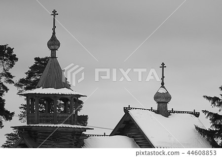 landscape in russian kizhi church winter view / winter season snowfall in landscape with church architecture 44608853