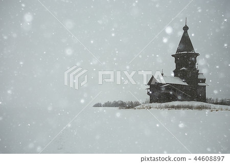 landscape in russian kizhi church winter view / winter season snowfall in landscape with church architecture landscape in russian kizhi church winter view / winter season snowfall in landscape with church architecture 44608897