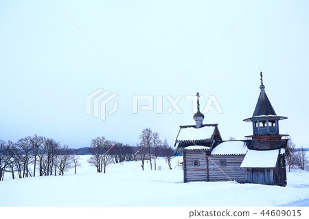 landscape in russian kizhi church winter view / winter season snowfall in landscape with church architecture 44609015