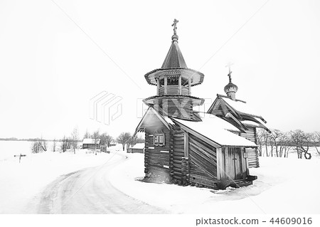 landscape in russian kizhi church winter view / winter season snowfall in landscape with church architecture 44609016