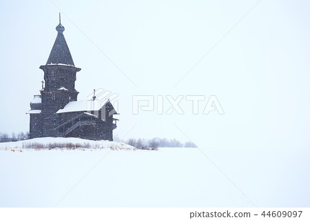 landscape in russian kizhi church winter view / winter season snowfall in landscape with church architecture 44609097