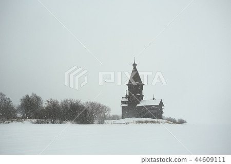 landscape in russian kizhi church winter view / winter season snowfall in landscape with church architecture 44609111