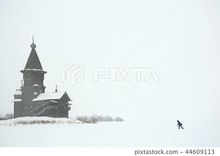 landscape in russian kizhi church winter view / winter season snowfall in landscape with church architecture 44609113