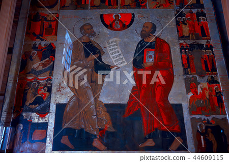 interior in Russian wooden church / orthodox wooden architecture, interior orthodoxy 44609115