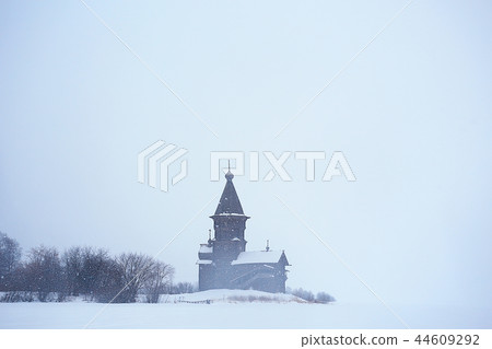 landscape in russian kizhi church winter view / winter season snowfall in landscape with church architecture landscape in russian kizhi church winter view / winter season snowfall in landscape with church architecture 44609292