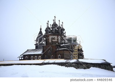 landscape in russian kizhi church winter view / winter season snowfall in landscape with church architecture 44609346