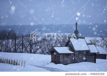 landscape in russian kizhi church winter view / winter season snowfall in landscape with church architecture 44609389