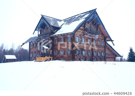wooden houses in the Russian countryside / wooden architecture, Russian provincial landscape, winter view village in Russia 44609428
