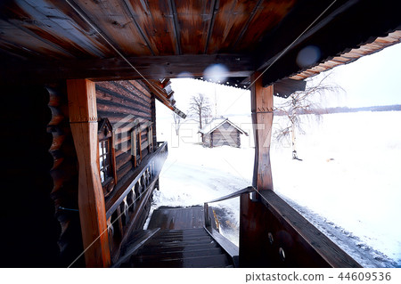 wooden houses in the Russian countryside / wooden architecture, Russian provincial landscape, winter view village in Russia 44609536