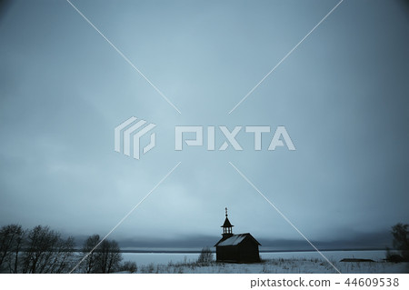 landscape in russian kizhi church winter view / winter season snowfall in landscape with church architecture 44609538