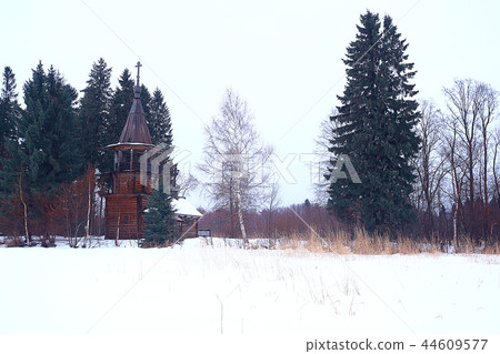 wooden canada church / landscape in winter snow canada, Christian historical church 44609577