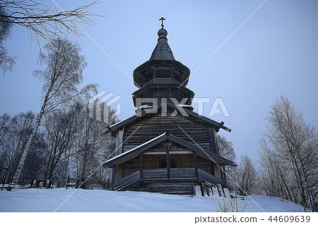 landscape in russian kizhi church winter view / winter season snowfall in landscape with church architecture 44609639