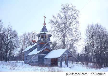 landscape in russian kizhi church winter view / winter season snowfall in landscape with church architecture 44609804