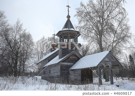 landscape in russian kizhi church winter view / winter season snowfall in landscape with church architecture 44609817
