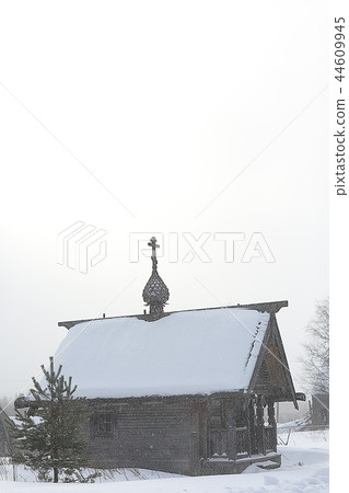landscape in russian kizhi church winter view / winter season snowfall in landscape with church architecture 44609945