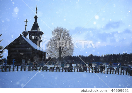 landscape in russian kizhi church winter view / winter season snowfall in landscape with church architecture 44609961