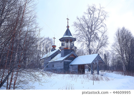 landscape in russian kizhi church winter view / winter season snowfall in landscape with church architecture 44609995