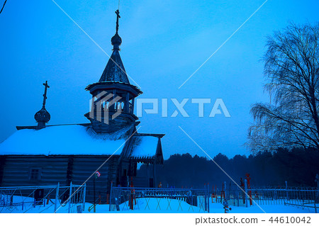 landscape in russian kizhi church winter view / winter season snowfall in landscape with church architecture 44610042