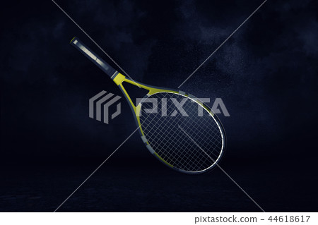 3d rendering of a yellow and black professional tennis racquet hanging in spotlight on a white 44618617
