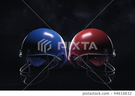 3d rendering of a blue and a red American football helmets hanging near each other on a dark 44618632