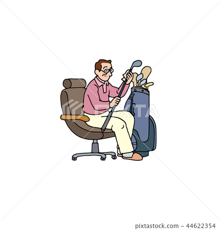 Dad sitting in an armchair and taking care of golf tools Dad sitting in an armchair and taking care of golf tools 44622354
