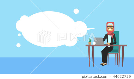 arab businesswoman sitting at office desk hold laptop, bubbles, business woman hard working process 44622739