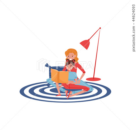 Mother reading book to her daughter. Cute girl and young woman sitting on carpet at home. Flat 44624093