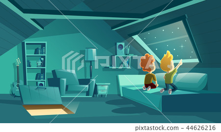 Vector attic at night with kids watching stars 44626216