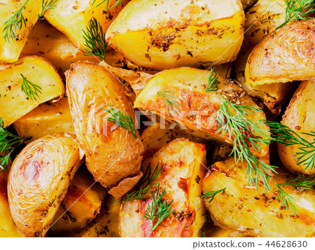 Close up view of backed potatoes pattern 44628630