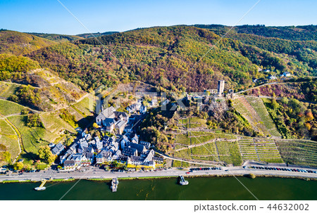 Aerial view of Beilstein town with Metternich Castle at the Moselle River in Germany 44632002