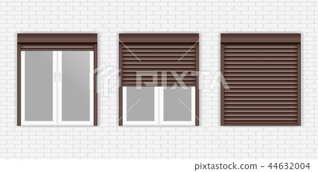 Brown window shutters on gray brick wall 44632004