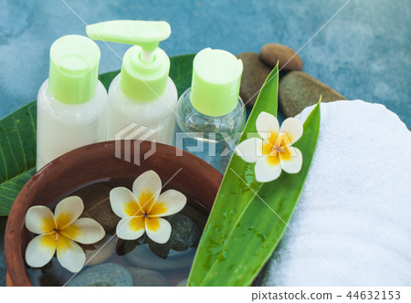 Top view of spa content and stones for massage  44632153