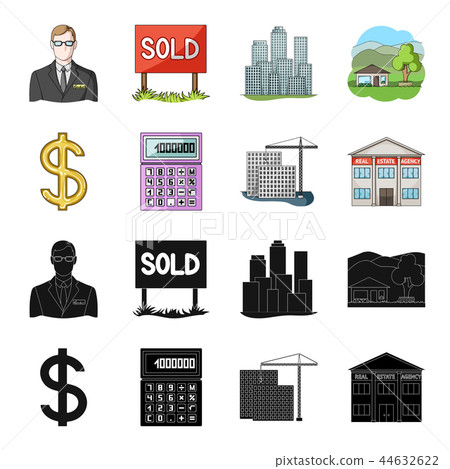 Calculator, dollar sign, new building, real estate offices. Realtor set collection icons in black Calculator, dollar sign, new building, real estate offices. Realtor set collection icons in black 44632622