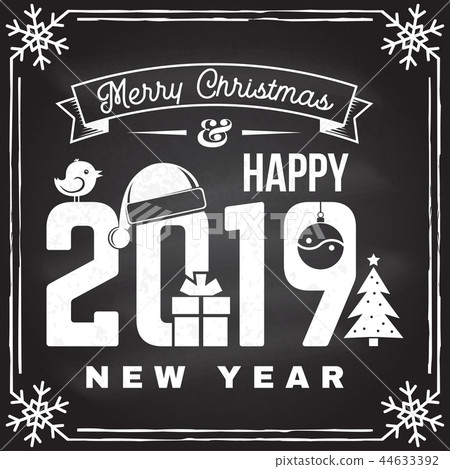 Merry Christmas and 2019 Happy New Year stamp, sticker set with snowflakes, hanging christmas ball 44633392
