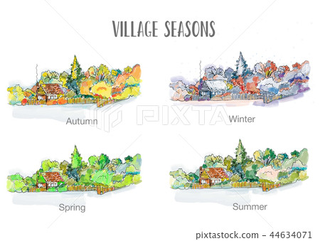 Village in four seasons vector illustration 44634071