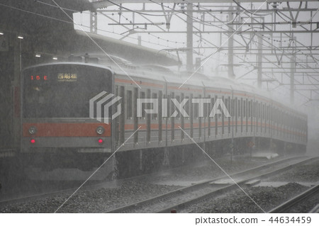 Musashino Line 205 series train going in guerrilla heavy rain Musashino Line 205 series train going in guerrilla heavy rain 44634459